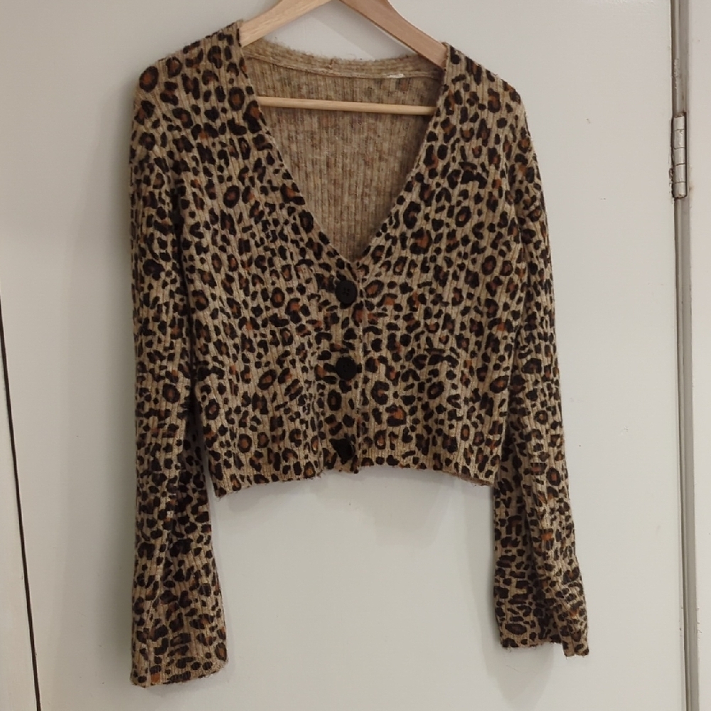 Brown and Black Leopard Print Cropped Cardigan Sweater
